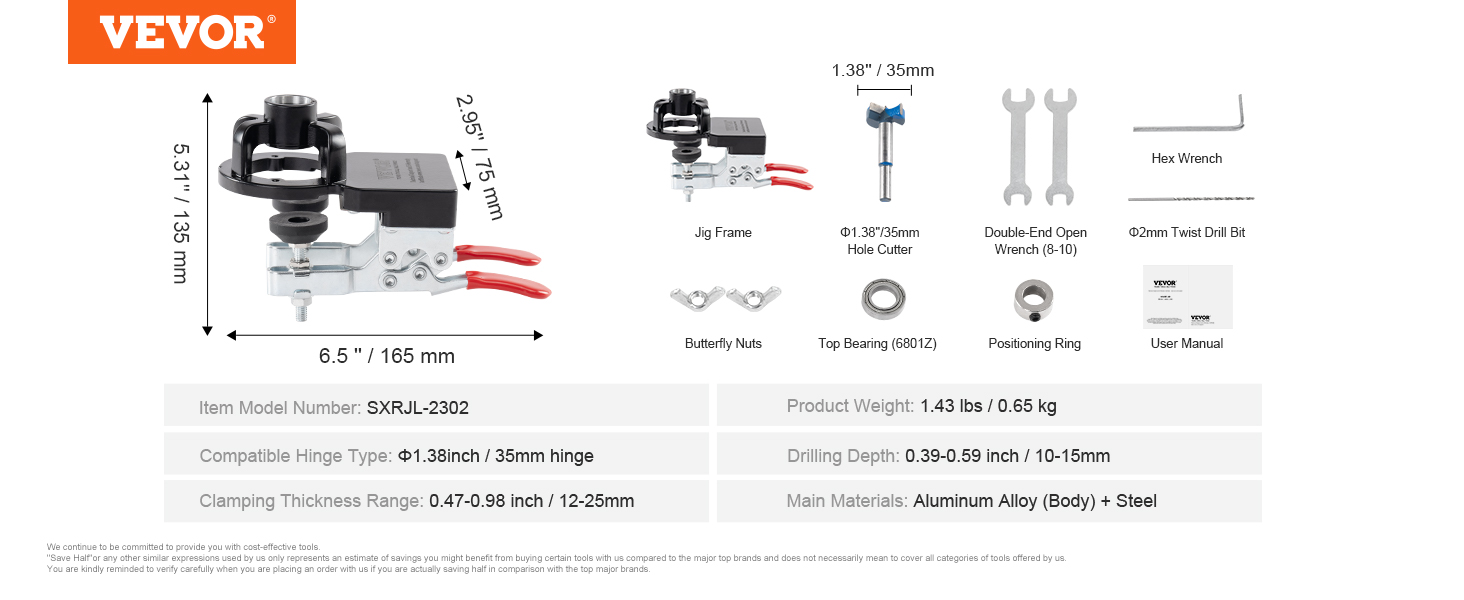 VEVOR door hinge jig with jig frame, hole cutter, wrench set, butterfly nuts, top bearing, and manual.