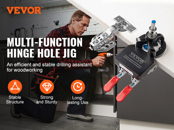 VEVOR door hinge jig used by a person in a kitchen setting, showcasing stability, strength, and durability.