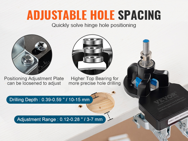 adjustable hole spacing for the VEVOR door hinge jig shown with positioning plate and higher top bearing.