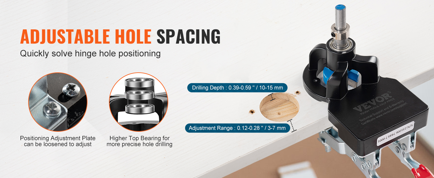adjustable hole spacing for the VEVOR door hinge jig shown with positioning plate and higher top bearing.