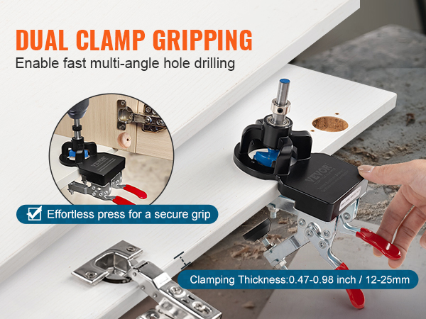 dual clamp gripping VEVOR door hinge jig for fast multi-angle hole drilling, clamping thickness 12-25mm.