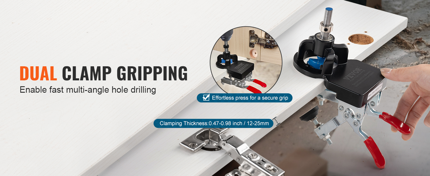 dual clamp gripping VEVOR door hinge jig for fast multi-angle hole drilling, clamping thickness 12-25mm.