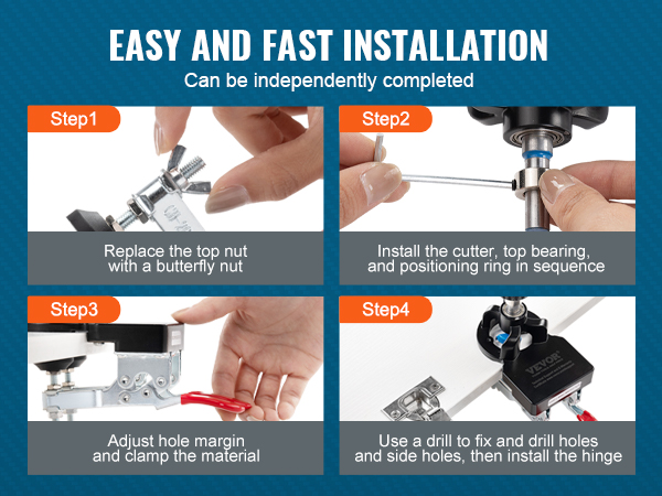 VEVOR door hinge jig being installed in four steps for easy and fast installation.