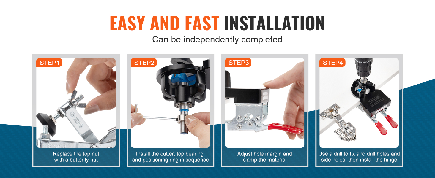 VEVOR door hinge jig being installed in four steps for easy and fast installation.