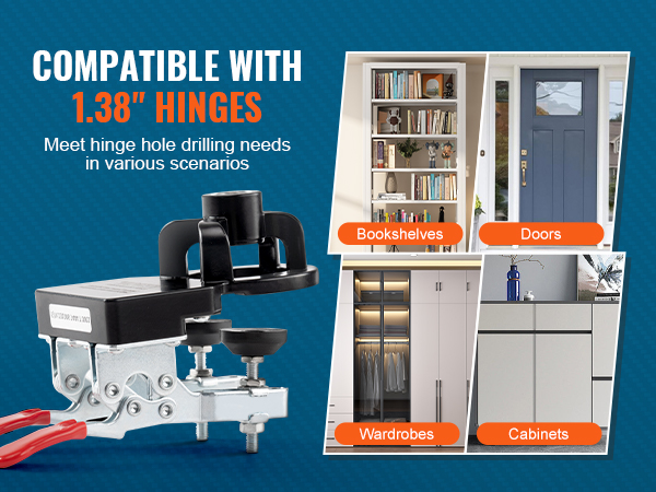 VEVOR door hinge jig compatible with 1.38" hinges for bookshelves, doors, wardrobes, and cabinets.
