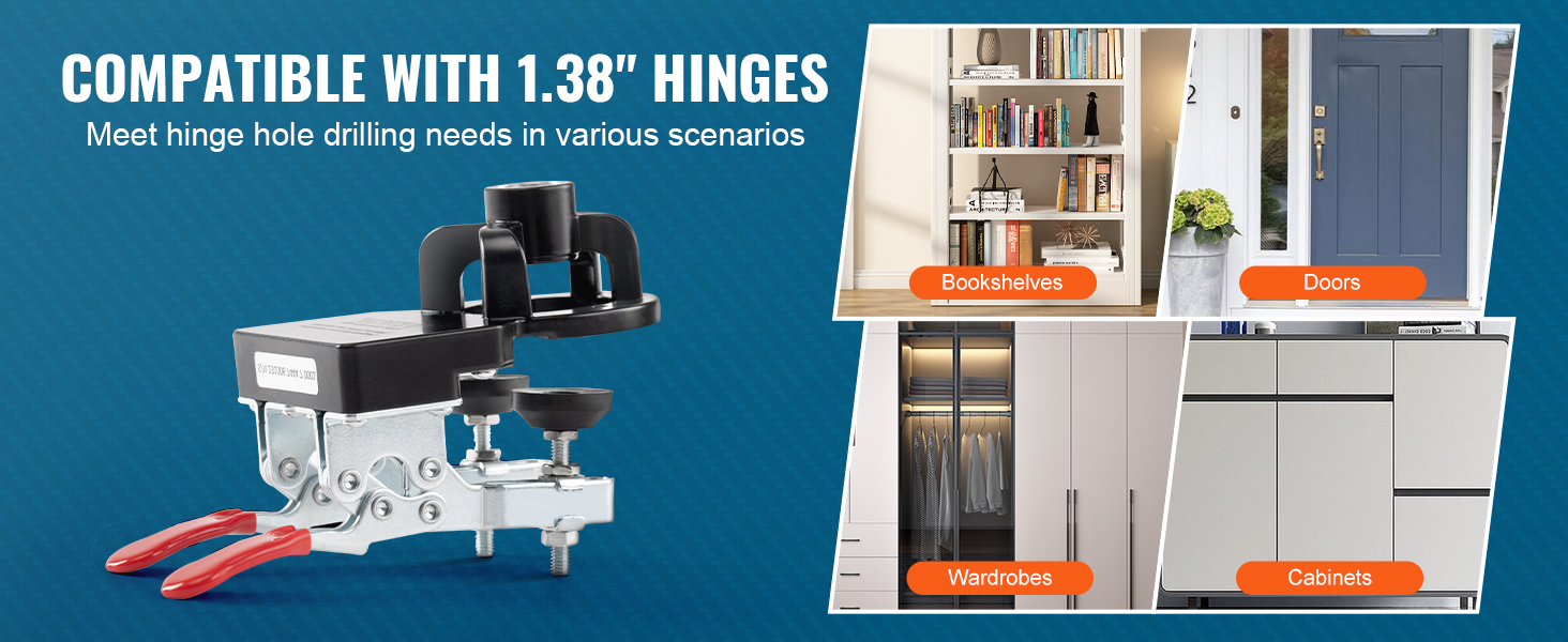 VEVOR door hinge jig compatible with 1.38" hinges for bookshelves, doors, wardrobes, and cabinets.