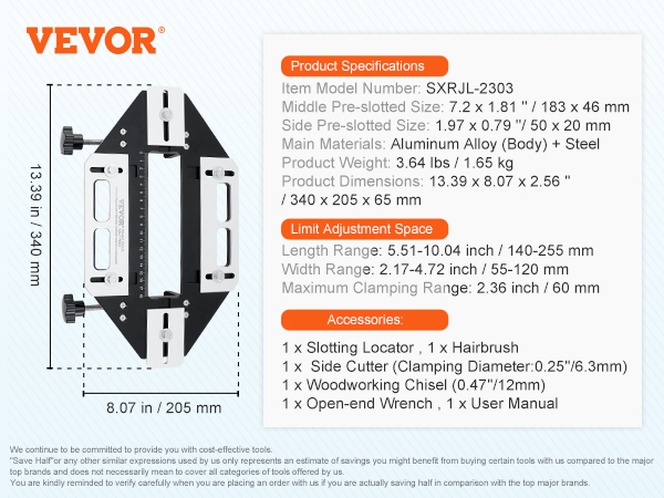 VEVOR door hinge jig, dimensions 13.39x8.07 inches, aluminum and steel, with included tools and manual.