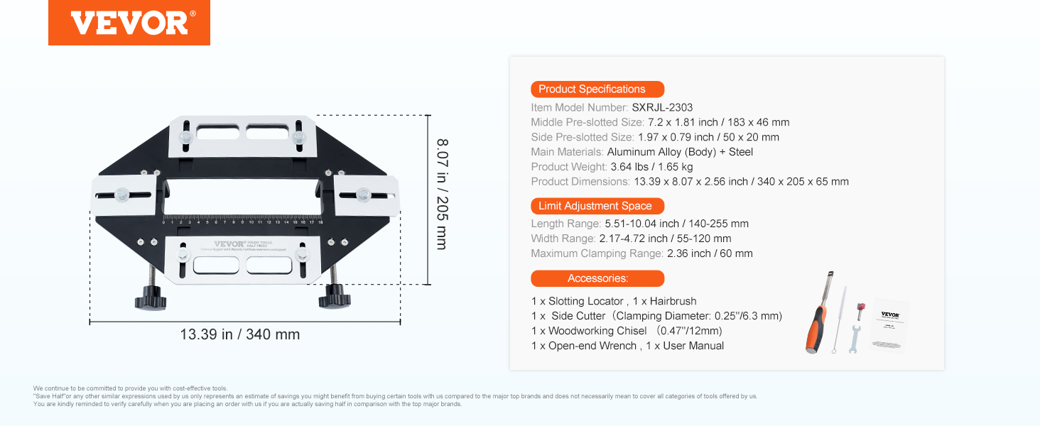 VEVOR door hinge jig, dimensions 13.39x8.07 inches, aluminum and steel, with included tools and manual.