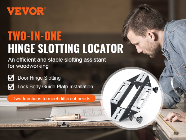 VEVOR door hinge jig: two-in-one hinge slotting locator for precise woodworking and lock body guide plate installation.