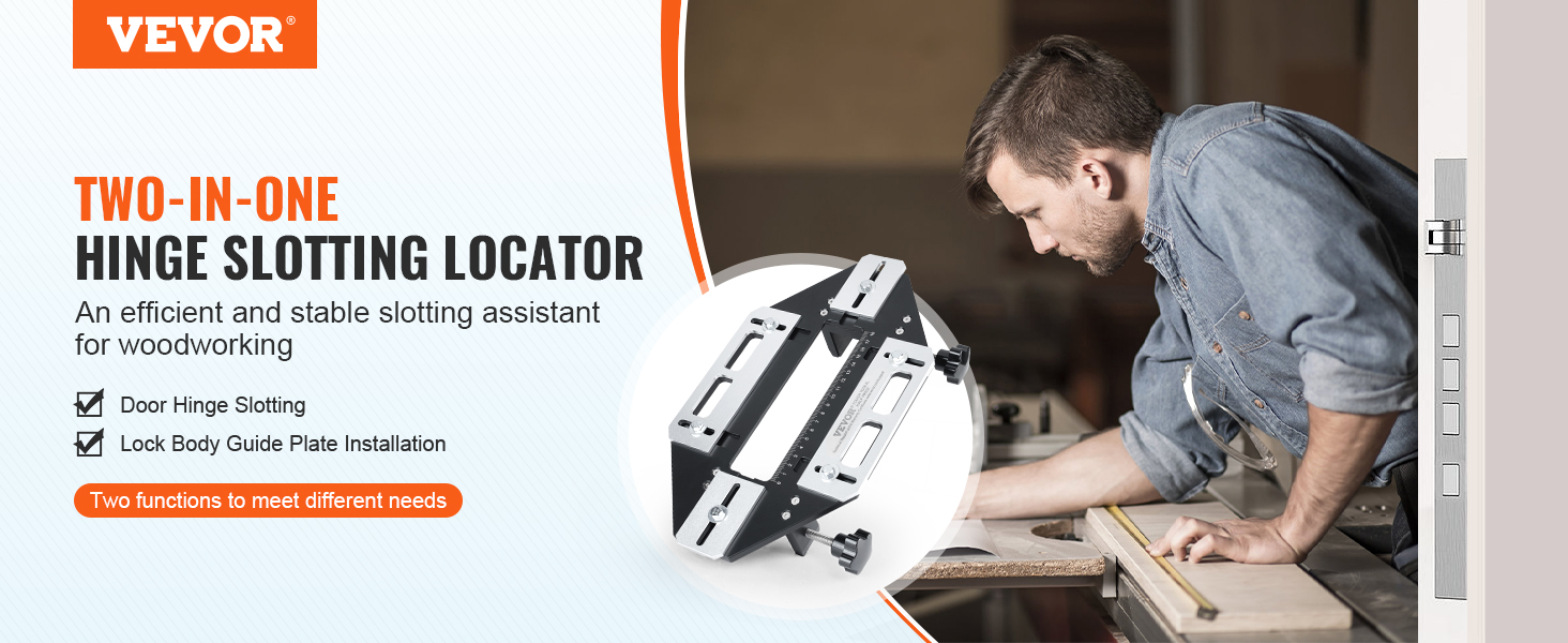 VEVOR door hinge jig: two-in-one hinge slotting locator for precise woodworking and lock body guide plate installation.