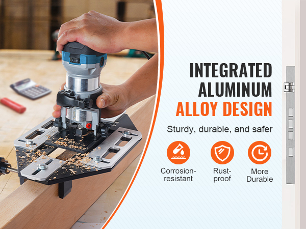 VEVOR door hinge jig in use with a router, highlighting integrated aluminum alloy design, corrosion-resistant.