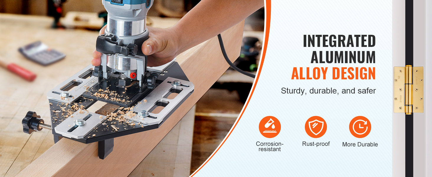 VEVOR door hinge jig in use with a router, highlighting integrated aluminum alloy design, corrosion-resistant.
