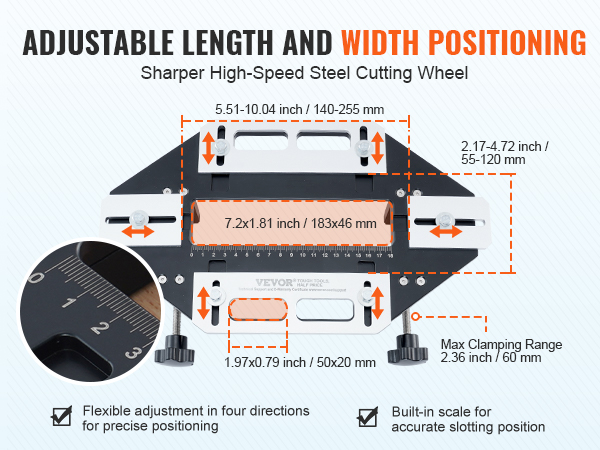 VEVOR door hinge jig showcases adjustable length, width positioning, built-in scale, and flexible adjustment.