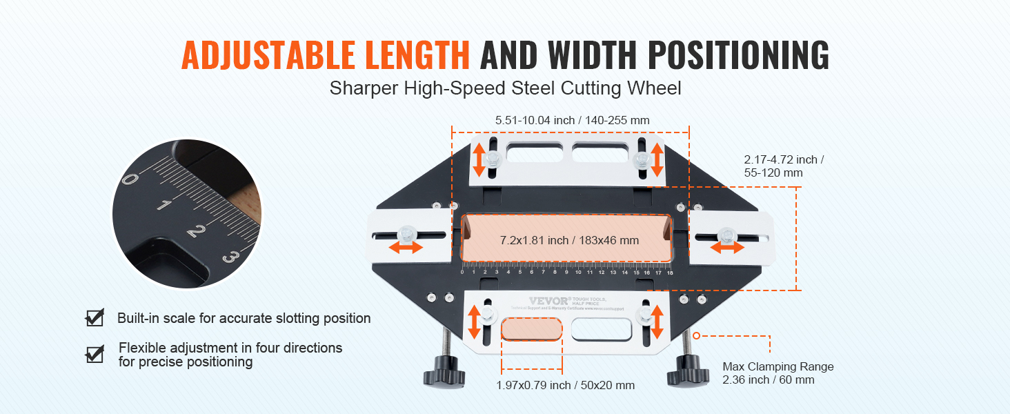 VEVOR door hinge jig showcases adjustable length, width positioning, built-in scale, and flexible adjustment.