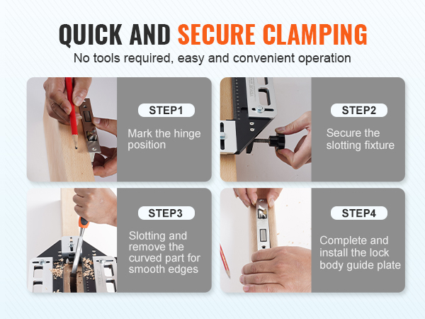 quick and secure clamping steps for hinge slotting and lock body guide plate installation using VEVOR door hinge jig.