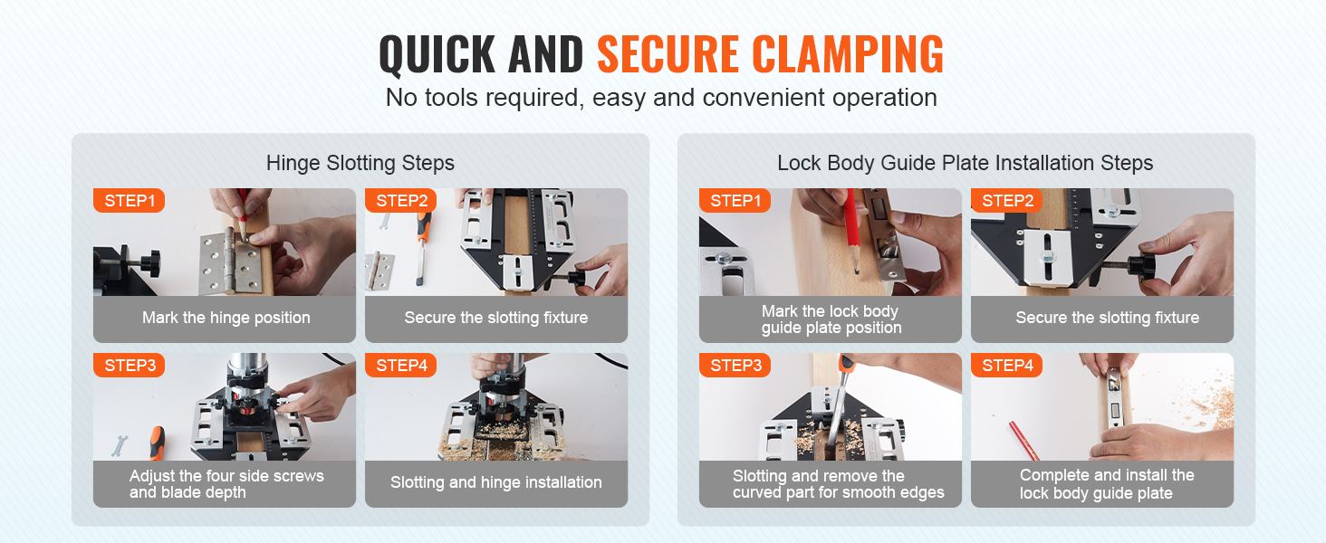 quick and secure clamping steps for hinge slotting and lock body guide plate installation using VEVOR door hinge jig.