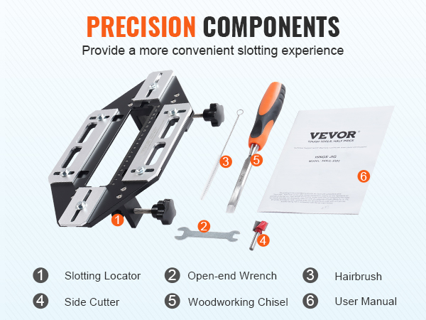 VEVOR door hinge jig with slotting locator, open-end wrench, hairbrush, side cutter, woodworking chisel, and manual.