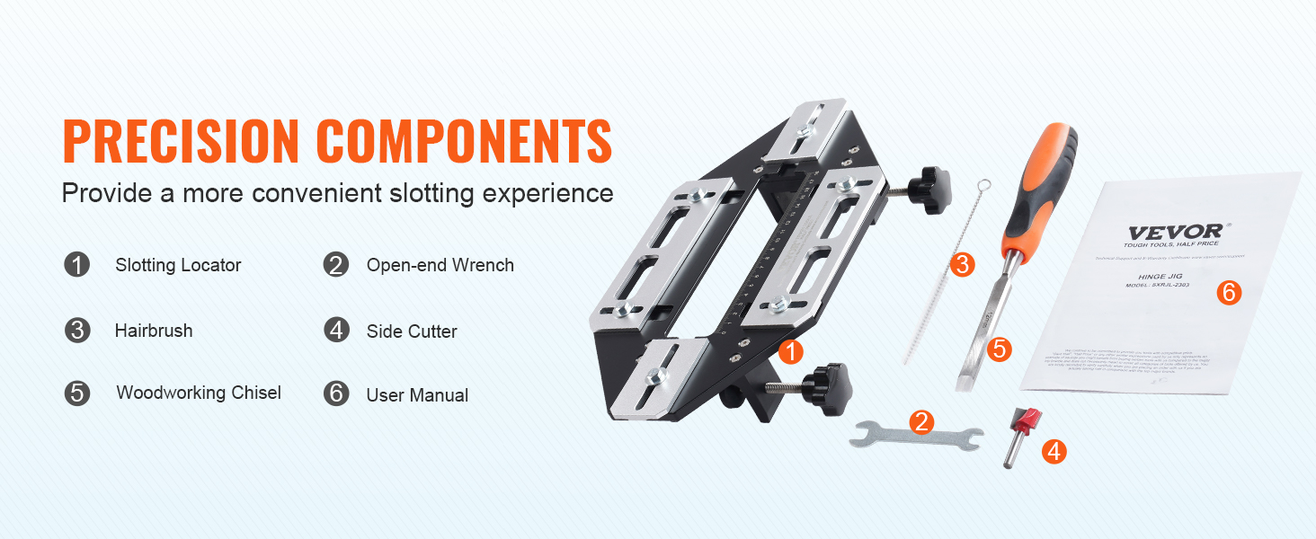 VEVOR door hinge jig with slotting locator, open-end wrench, hairbrush, side cutter, woodworking chisel, and manual.