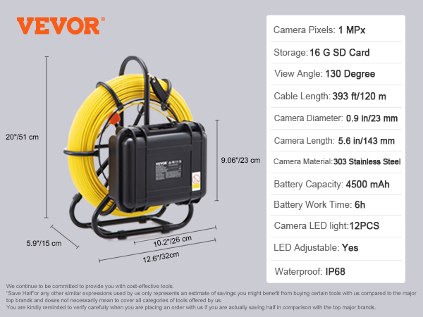 VEVOR sewer camera details with yellow cable, 1 mp camera, 393 ft cable, 6h battery, 303 stainless steel.
