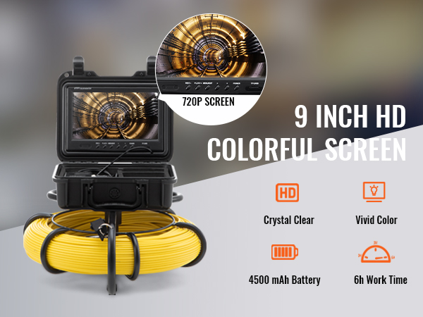 VEVOR kanalisatsiooni kaamera koos 9-tolline hd-ekraan, 720p ekraan, 4500mah aku ja 6-tunnise töö aja.