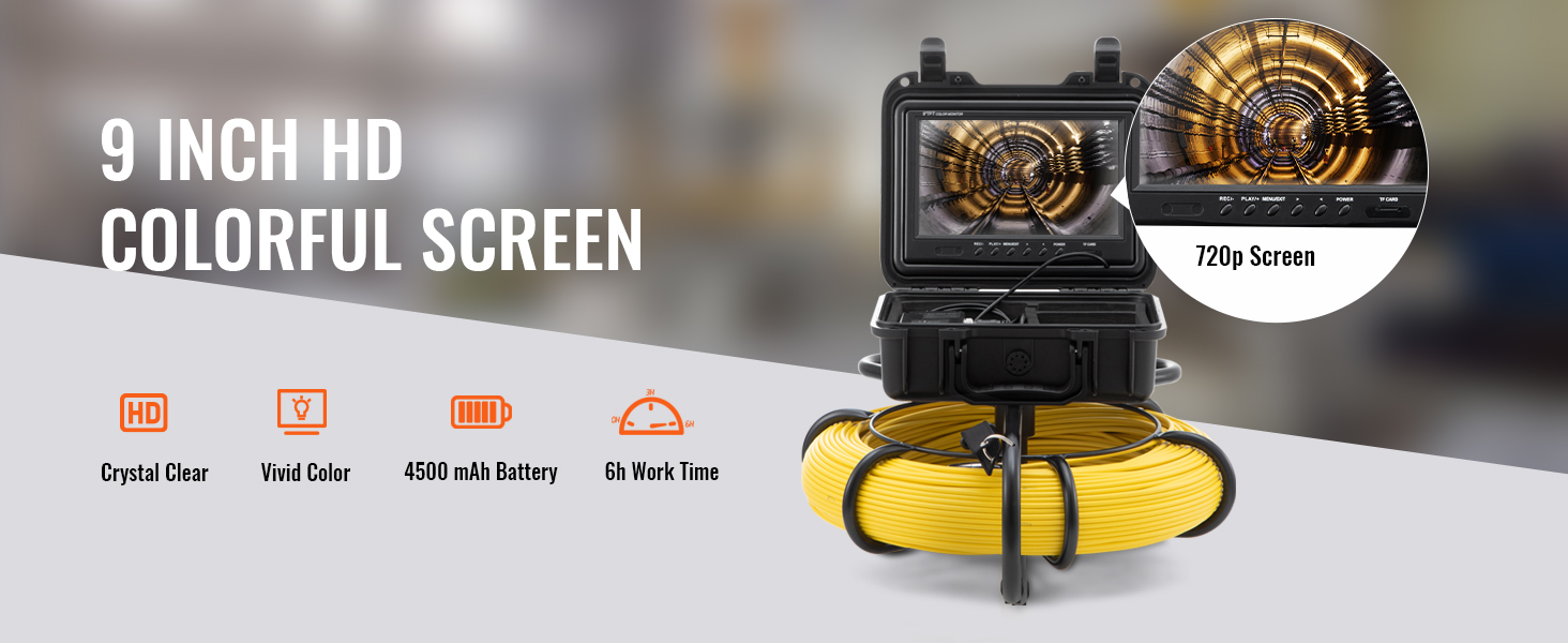 VEVOR kanalisatsiooni kaamera koos 9-tolline hd-ekraan, 720p ekraan, 4500mah aku ja 6-tunnise töö aja.