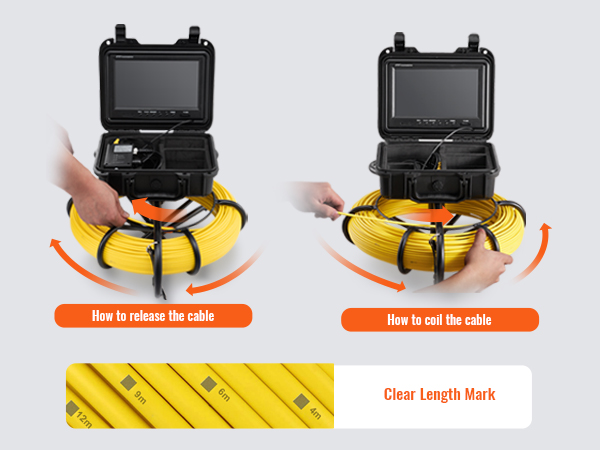 selge pikkus kaubamärgi funktsiooni ja kasutamise juhised vabastamise ja kerimine kaabel VEVOR kanalisatsiooni kaamera.