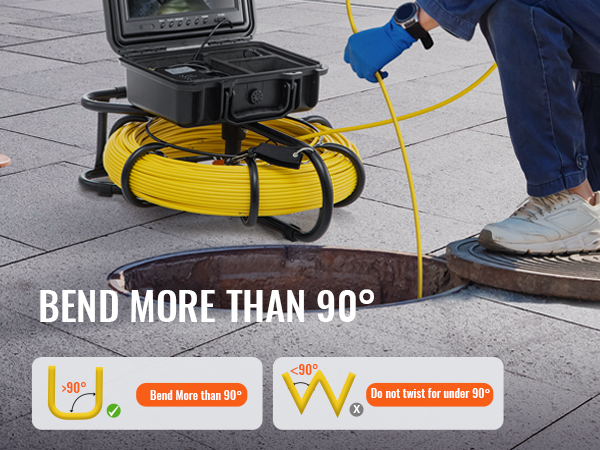 VEVOR kanalisatsiooni kaamera näidates paindlik kaabel painutamine üle 90 kraadi töötaja, kasutades seda avatud kanalisatsiooni.