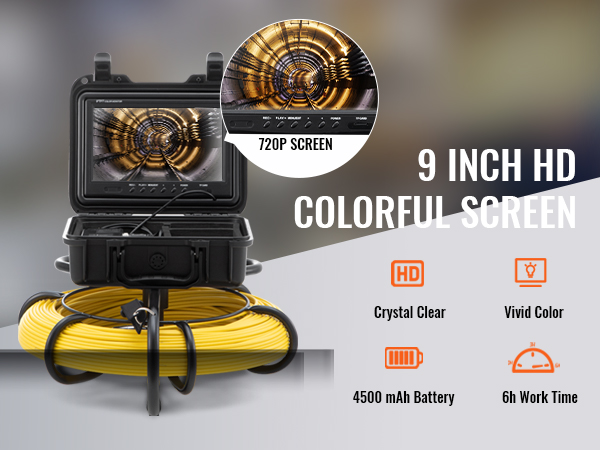 канализационная камера VEVOR с 9-дюймовым HD-экраном, разрешением 720p, ярким цветом, батареей 4500 мАч, временем работы 6 часов.
