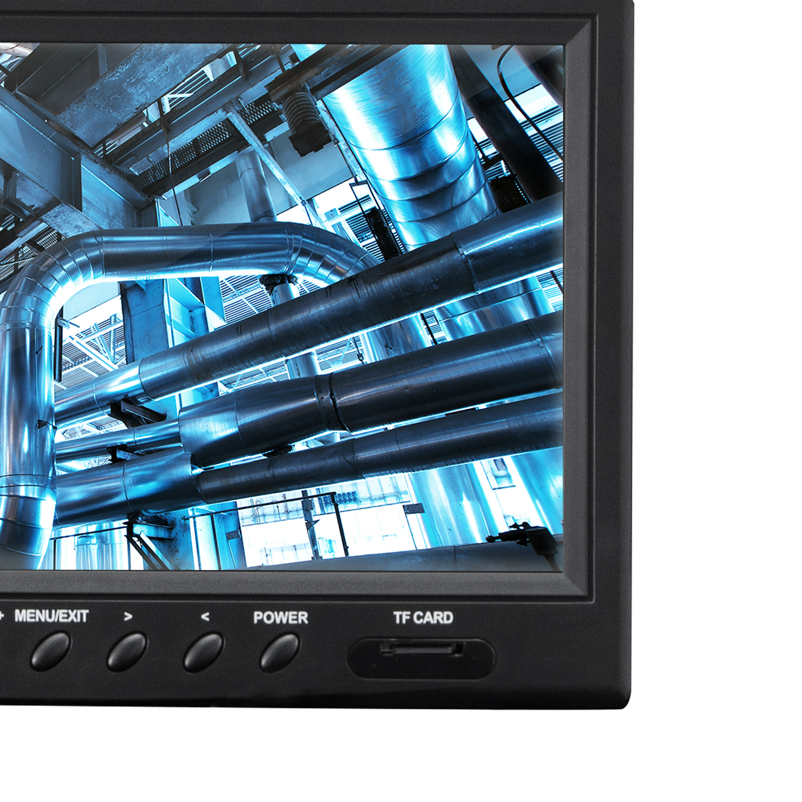 industrial piping on a display screen, VEVOR sewer camera control panel with buttons and tf card slot.