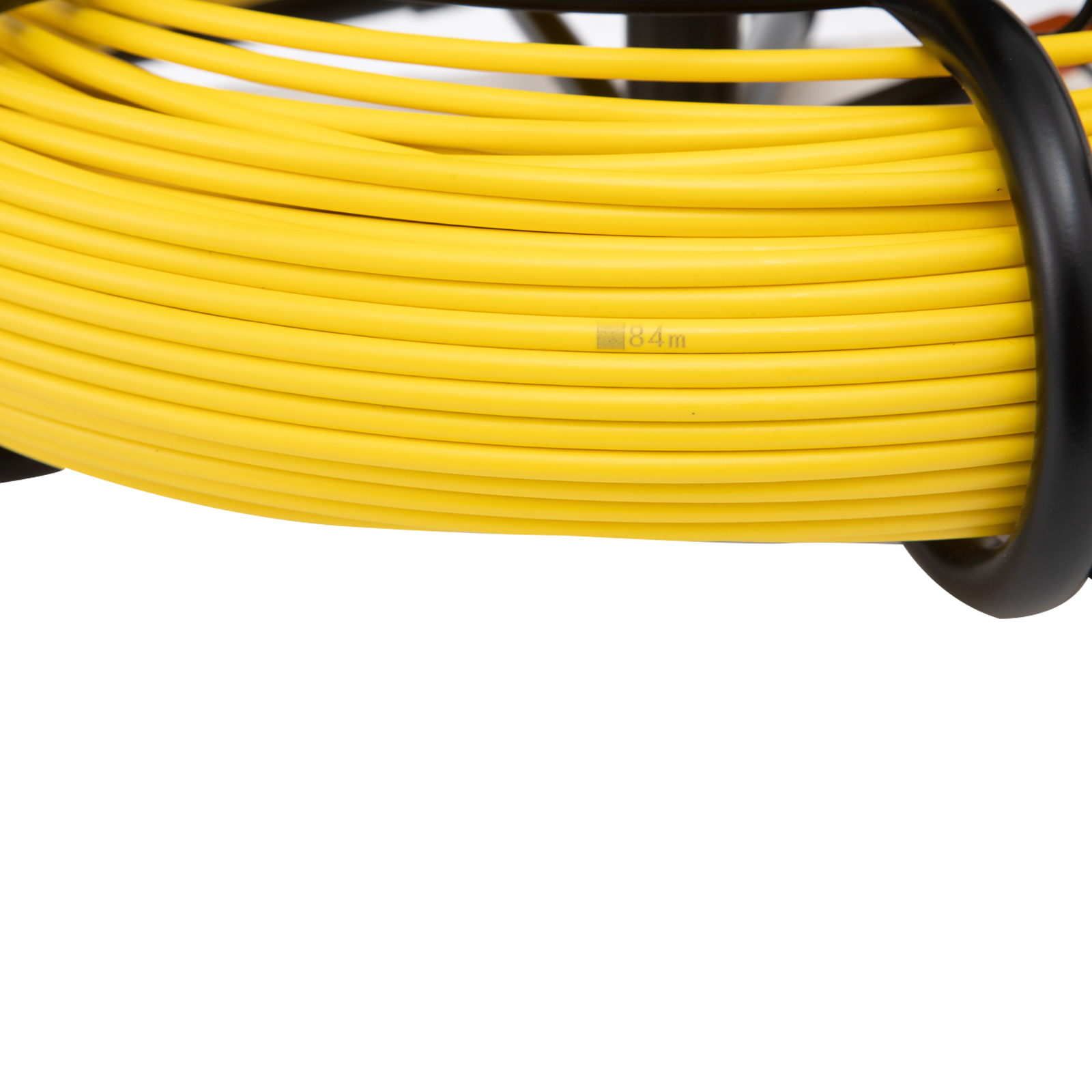 VEVOR sewer camera coiled yellow cable with meter marking at 84m for plumbing and inspection use.