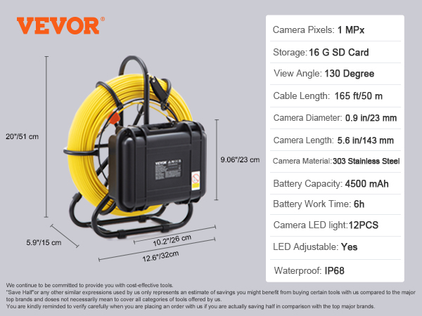 VEVOR sewer camera with 1mp, 130° view, 165ft cable, 4500mah battery, and 12 led lights, waterproof ip68.