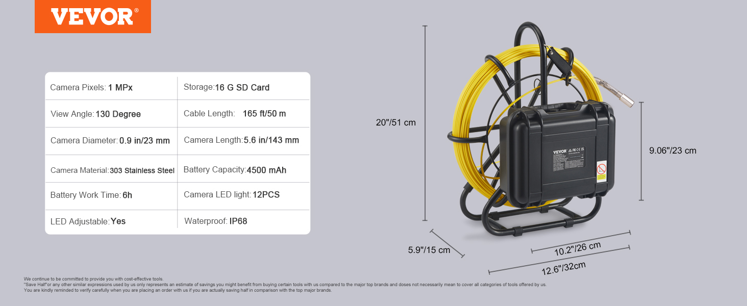 VEVOR sewer camera with 1mp, 130° view, 165ft cable, 4500mah battery, and 12 led lights, waterproof ip68.
