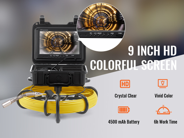 9 collu HD ekrāna VEVOR kanalizācijas kamera ar kristāldzidru, spilgtām krāsām un 4500 mAh akumulatoru 6 stundu darbam.
