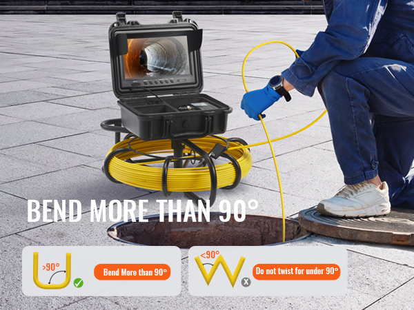 VEVOR kanalizācijas kamera darbībā, demonstrējot tās spēju saliekties vairāk nekā 90 grādu leņķī optimālai kanalizācijas pārbaudei.