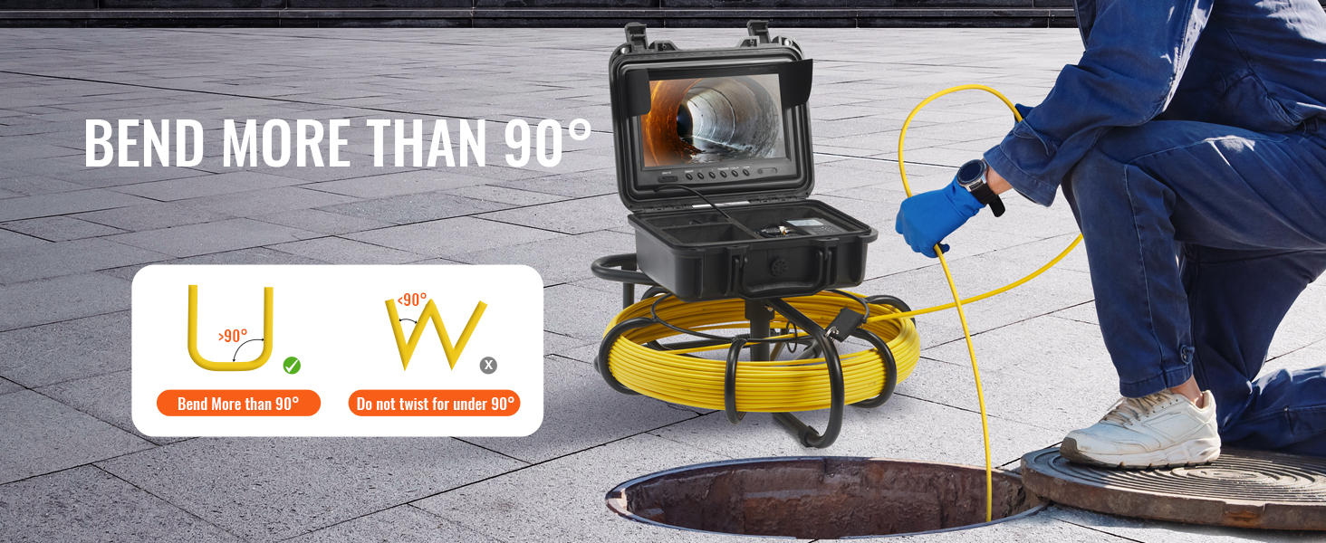 VEVOR kanalizācijas kamera darbībā, demonstrējot tās spēju saliekties vairāk nekā 90 grādu leņķī optimālai kanalizācijas pārbaudei.