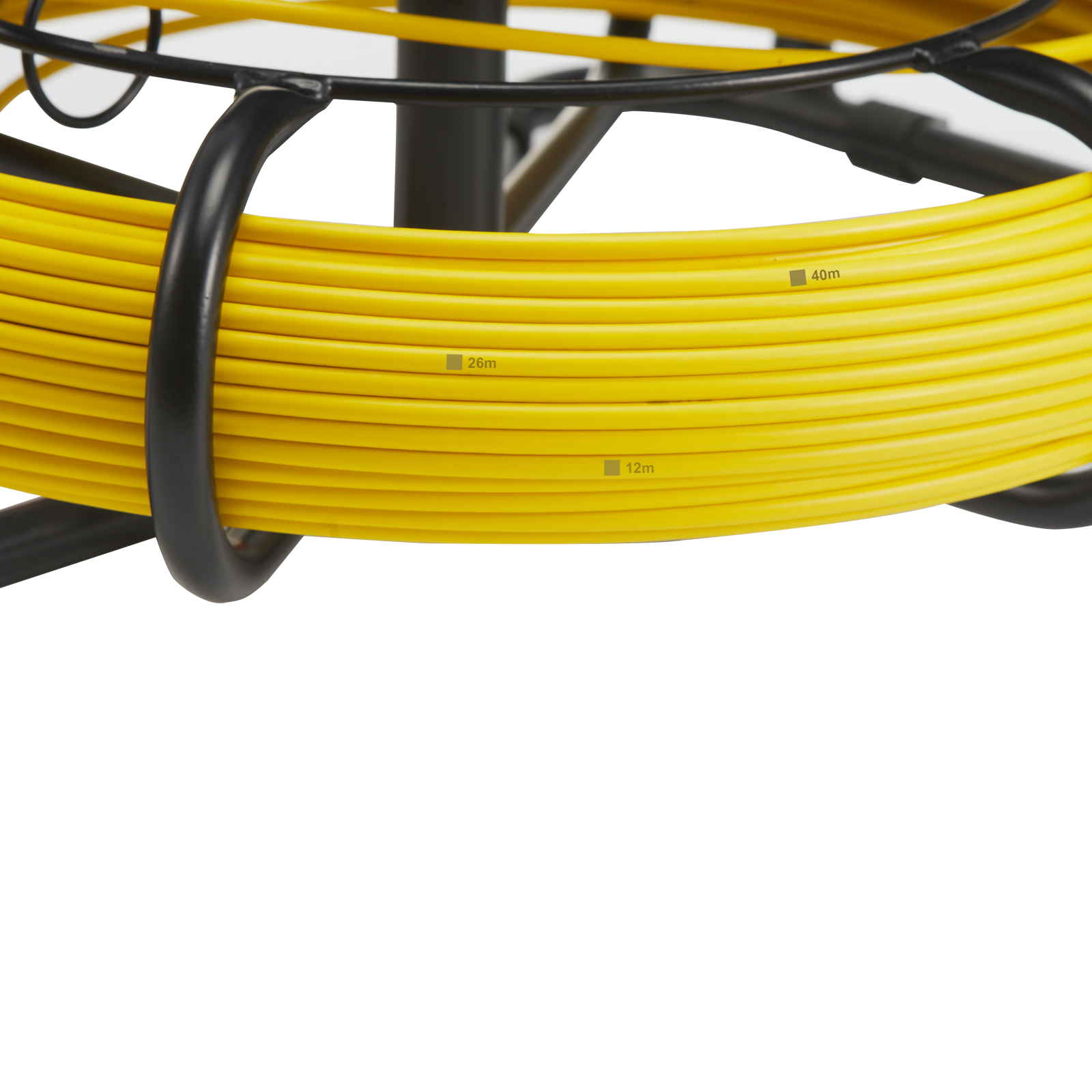 close-up of VEVOR sewer camera yellow cable spool marked with distance measurements of 12m, 26m, 40m.