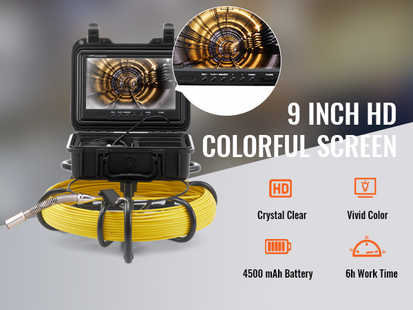 VEVOR sewer camera with 9" hd screen, crystal clear display, 4500 mah battery, and 6-hour work time.