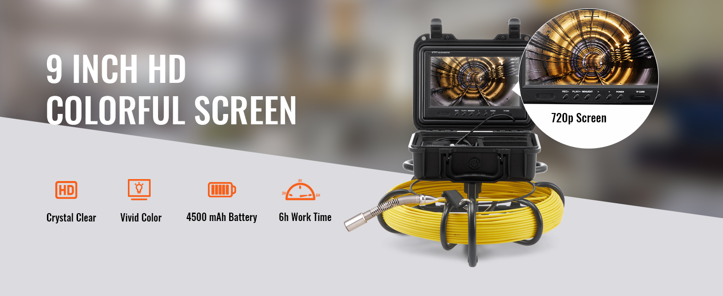 VEVOR sewer camera with 9" hd screen, crystal clear display, 4500 mah battery, and 6-hour work time.