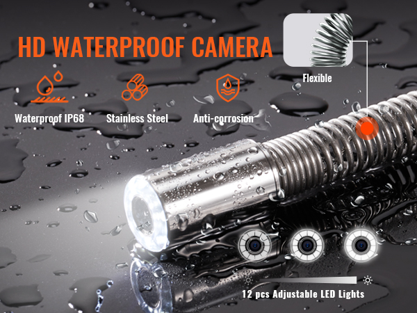 VEVOR sewer camera, flexible stainless steel design, waterproof ip68, 12 adjustable led lights.