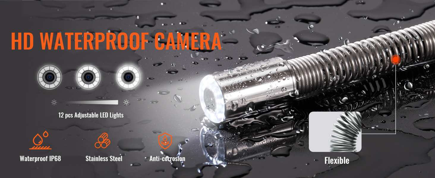 VEVOR sewer camera, flexible stainless steel design, waterproof ip68, 12 adjustable led lights.
