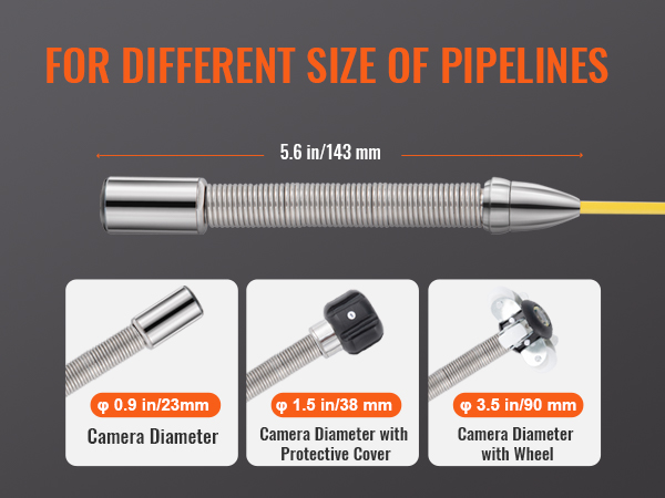 VEVOR sewer camera with different sizes for pipelines, 5.6 in/143 mm length, adaptors included.