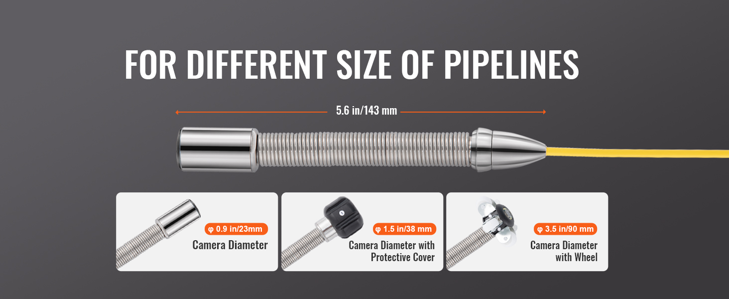 VEVOR sewer camera with different sizes for pipelines, 5.6 in/143 mm length, adaptors included.