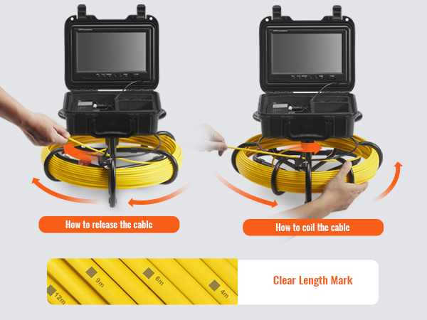 VEVOR sewer camera cable with clear length marks and instructions for coiling and releasing the cable.