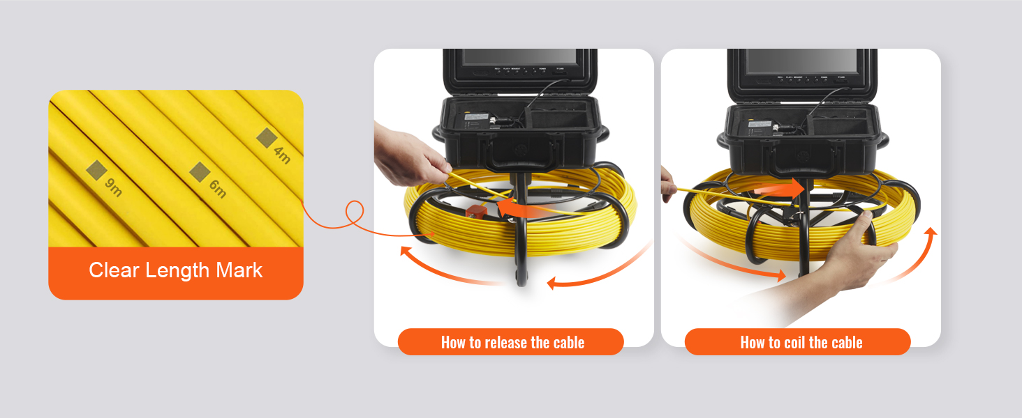 VEVOR sewer camera cable with clear length marks and instructions for coiling and releasing the cable.