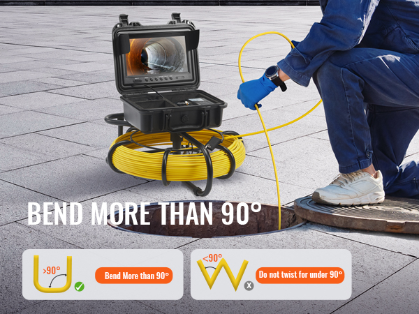 VEVOR sewer camera showing bend over 90 degrees capability beside worker inspecting a manhole.