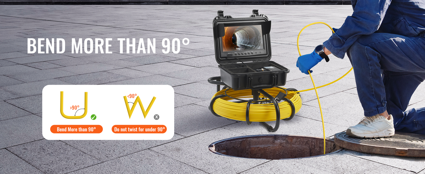 VEVOR sewer camera showing bend over 90 degrees capability beside worker inspecting a manhole.