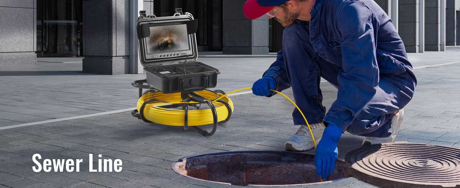 technician using VEVOR sewer camera for inspection in an urban setting with a manhole and equipment.