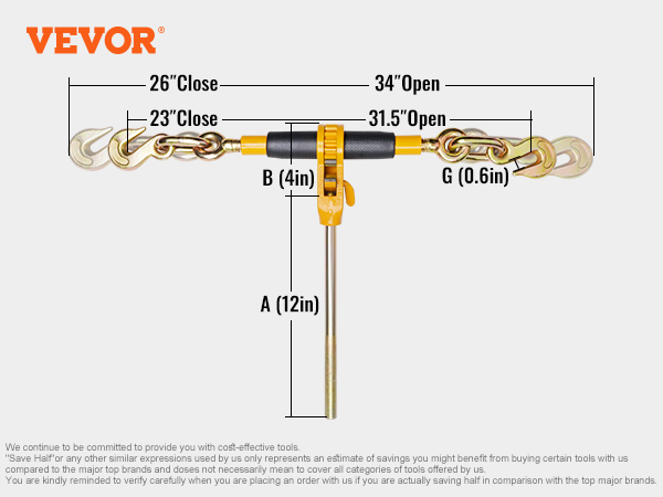 VEVOR ratchet chain binder with dimensions 26-34" open/close, 12" handle, 4" center spacing.