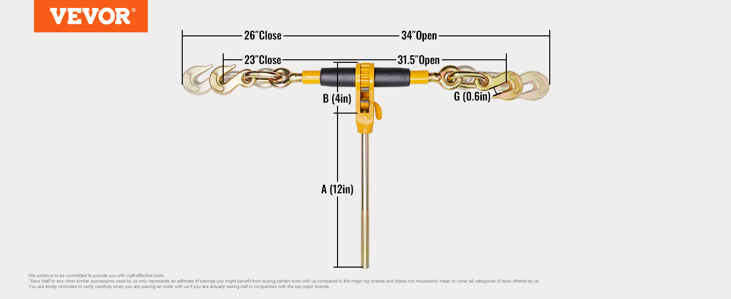 VEVOR ratchet chain binder with dimensions 26-34" open/close, 12" handle, 4" center spacing.