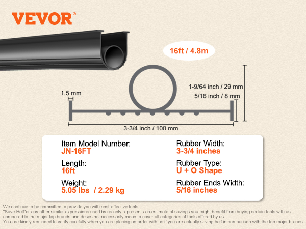 VEVOR garage door seals 16ft dimensions, weight 5.05 lbs, and u+o shape rubber width 3-3/4 inches.